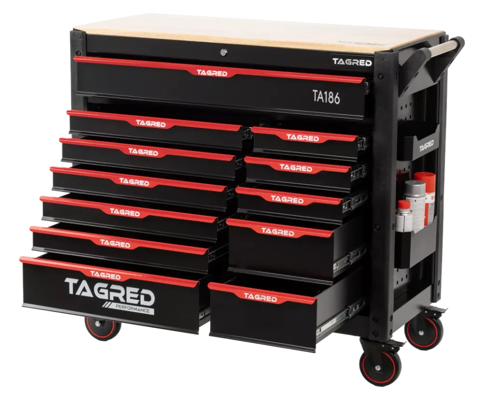 Dílenský vozík s nářadím,691 ks, velký, 12 zásuvek, dřevěná deska TA186