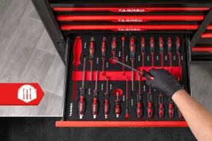 Dílenský vozík s nářadím,691 ks, velký, 12 zásuvek, dřevěná deska TA186