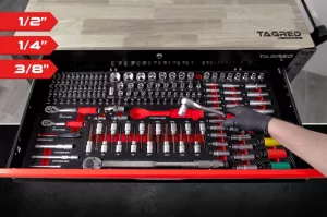 Dílenský vozík s nářadím,691 ks, velký, 12 zásuvek, dřevěná deska TA186