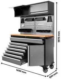 Dílenský vozík Tagred velký, prázdný,7 zásuvek, dřevěná odkládací plochaplocha TA189