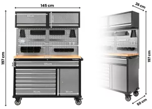 Dílenský vozík Tagred velký, prázdný,7 zásuvek, dřevěná odkládací plochaplocha TA189