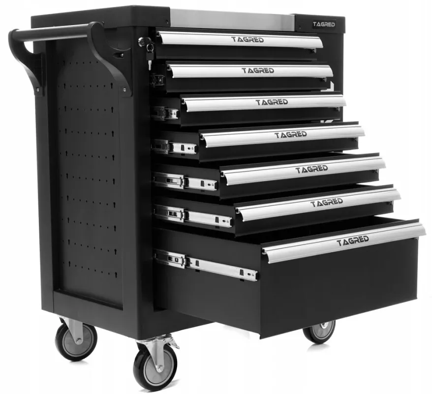 Vozík dílenský na nářadí, 7 zásuvek, černý, prázdný,ocelová deska TA213