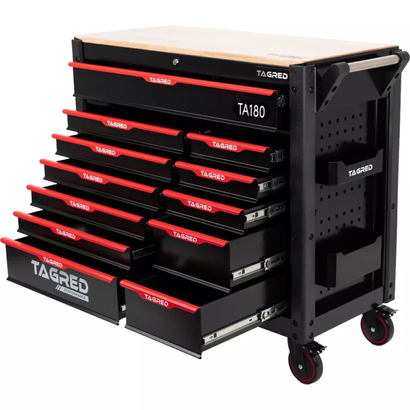 Vozík dílenský na nářadí, velký, 12 zásuvek, dřevěná deska, prázdný TA180 Tagred
