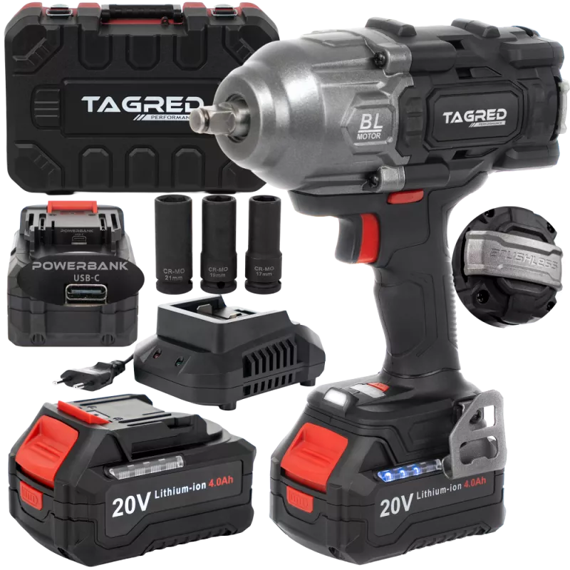 Bezuhlíkový akumulátorový rázový utahovák 1/2" | 2x 20V 4Ah 1898Nm TAGRED TA8000,