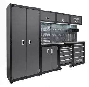 Dílenská nábytková sestava Tagred TA1981 260 cm s pracovní nerezovou deskou INOX 3D a LED osvětlením