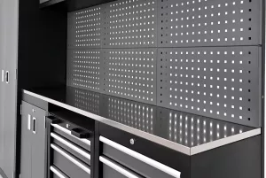 Dílenská nábytková sestava Tagred TA1981 260 cm s pracovní nerezovou deskou INOX 3D a LED osvětlením