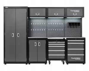 Dílenská nábytková sestava Tagred TA1981 260 cm s pracovní nerezovou deskou INOX 3D a LED osvětlením