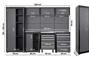 Dílenská nábytková sestava Tagred TA1981 260 cm s pracovní nerezovou deskou INOX 3D a LED osvětlením