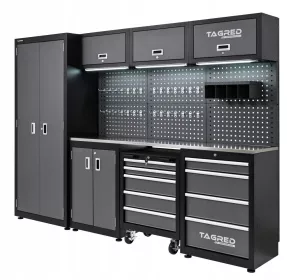 Dílenská nábytková sestava Tagred TA1981 260 cm s pracovní nerezovou deskou INOX 3D a LED osvětlením