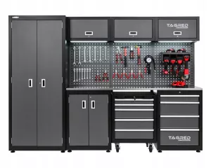 Dílenská nábytková sestava Tagred TA1981 260 cm s pracovní nerezovou deskou INOX 3D a LED osvětlením
