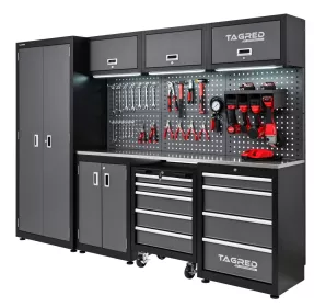 Dílenská nábytková sestava Tagred TA1981 260 cm s pracovní nerezovou deskou INOX 3D a LED osvětlením