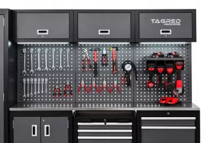 Dílenská nábytková sestava Tagred TA1981 260 cm s pracovní nerezovou deskou INOX 3D a LED osvětlením