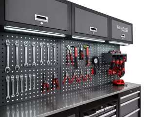 Dílenská nábytková sestava Tagred TA1981 260 cm s pracovní nerezovou deskou INOX 3D a LED osvětlením