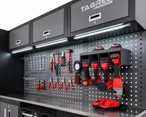 Dílenská nábytková sestava Tagred TA1981 260 cm s pracovní nerezovou deskou INOX 3D a LED osvětlením