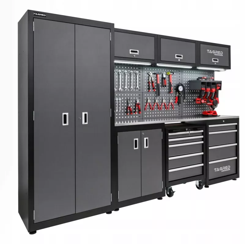 Dílenská nábytková sestava Tagred TA1981 260 cm s pracovní nerezovou deskou INOX 3D a LED osvětlením