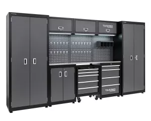 Dílenská nábytková sestava Tagred TA1981TA198H, 336cm se 2 vysokými skříněmi, pracovní 3D ocelovou deskou INOX, LED osvětlení