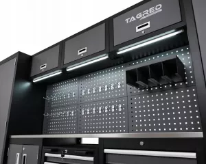 Dílenská nábytková sestava Tagred TA1981TA198H, 336cm se 2 vysokými skříněmi, pracovní 3D ocelovou deskou INOX, LED osvětlení