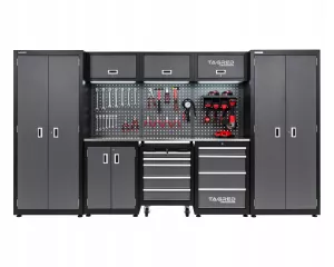 Dílenská nábytková sestava Tagred TA1981TA198H, 336cm se 2 vysokými skříněmi, pracovní 3D ocelovou deskou INOX, LED osvětlení