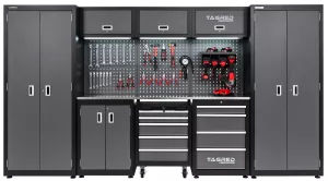 Dílenská nábytková sestava Tagred TA1981TA198H, 336cm se 2 vysokými skříněmi, pracovní 3D ocelovou deskou INOX, LED osvětlení