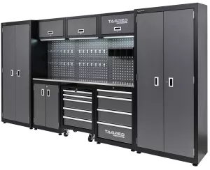 Dílenská nábytková sestava Tagred TA1981TA198H, 336cm se 2 vysokými skříněmi, pracovní 3D ocelovou deskou INOX, LED osvětlení