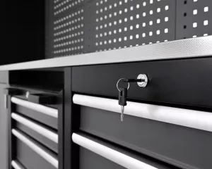 Dílenská nábytková sestava Tagred TA1981TA198H, 336cm se 2 vysokými skříněmi, pracovní 3D ocelovou deskou INOX, LED osvětlení